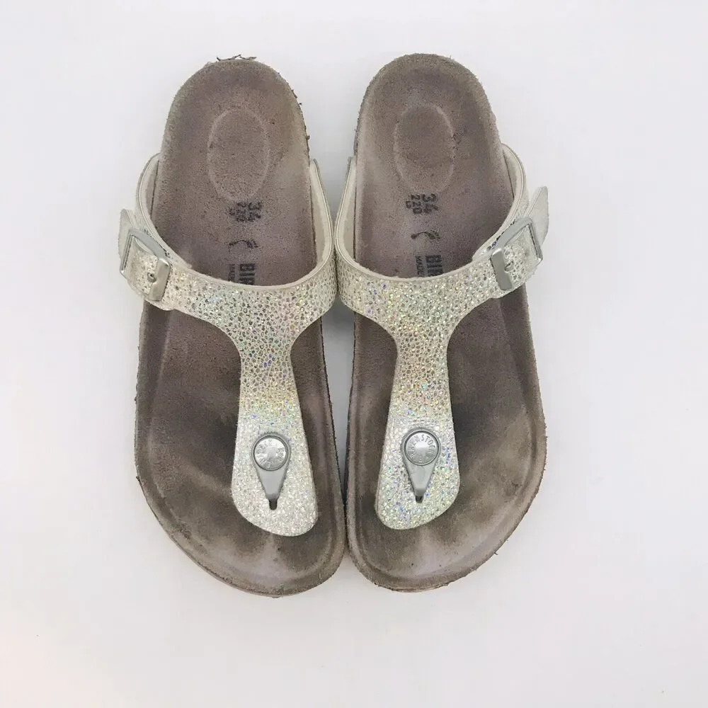 Birkenstock Gizeh Sparkly Silver Birko-Flor T-Strap Thong 34 Girls 3-3.5 Sandals